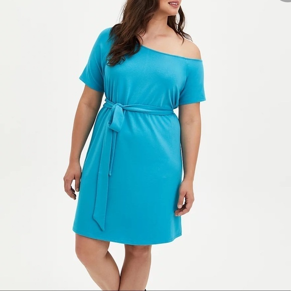 NWT Torrid Off-Shoulder T-Shirt Dress - French Terry Teal 1X - Picture 1 of 15